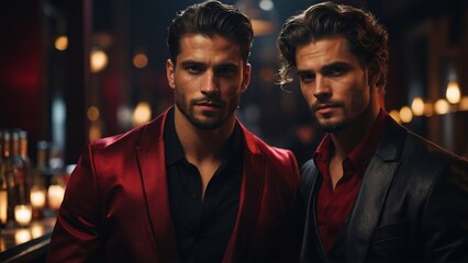  two men - two heartthrob men - two rich men - men at night - two friends - best friends - stylish men - dark red suit - sexy guys - bromance -  stylish men -  stylish guys - secret guys - gangsters. 