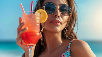 Close up portrait of beautiful woman in sunglasses drinks cocktail on the beach, copy space for text, Vibrant color, studio lighting, Sony α7 IV, 50mm lens f/2.8 ultra realistic photograph