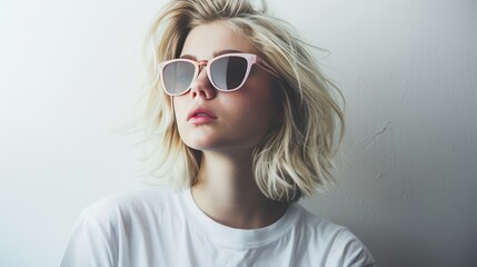 Naklejka premium Attractive young blonde woman shows confidence in a blank t-shirt and stylish sunglasses on a pristine white background.