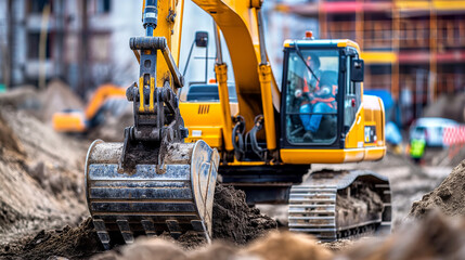 the lively hustle of a construction site, an excavator operator demonstrates mastery, skillfully maneuvering the machine to dig and transport earth with precision