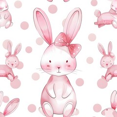 watercolor, seamless cute bunny with a pink bow pattern on its head and polka dots, white background