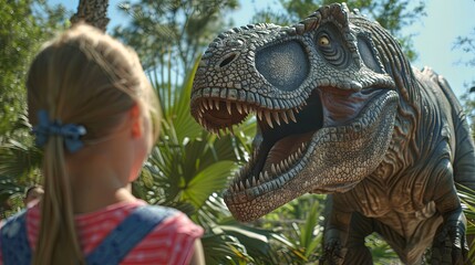 Little girl facing giant animatronic dinosaur in a theme park