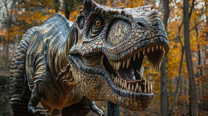 Realistic robotic dinosaur model in autumn forest