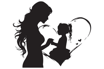 black silhouette mom and baby daughter love shape white background