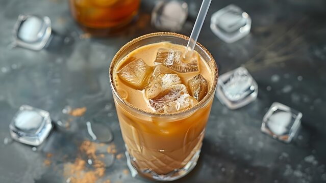 Top view of iced latte in glass with ice cubes and straw. Concept Food Photography, Iced Latte, Top View, Coffee Connoisseur