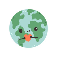 Cute Earth with heart in hands. Cartoon planet Earth globe for card, banner, poster, sticker. Earth day background.
