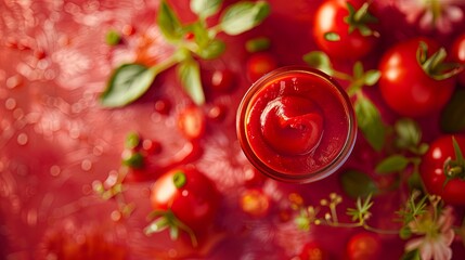 Fresh tomato juice with basil on vibrant red background
