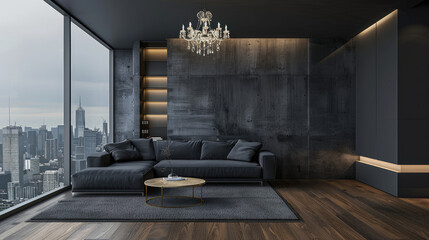 Dark gray interior design of a modern living room with a sofa, coffee table and chandelier. Floor to ceiling windows overlooking a city skyline.