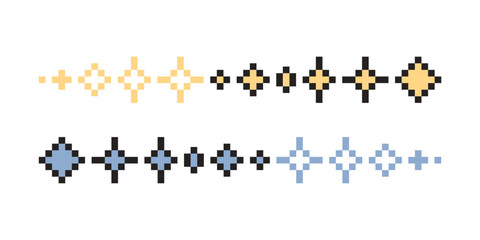 Pixel sparkle set. Shiny stars pixel art icon set. 8-bit stars. Pixelated stars. Sparkling stars pixel art.