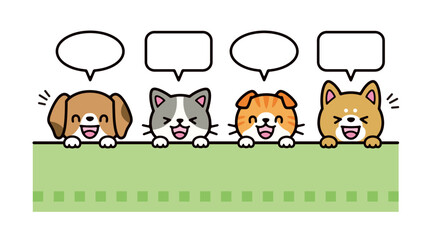 Illustration set of dog and cat peeking out from the wall and laughing