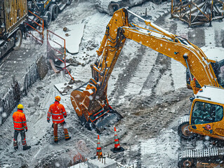 Workers in reflective jackets observe a large excavator operating at a snowy urban construction site.
