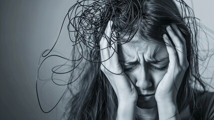 Fototapeta premium Young caucasian woman experiencing extreme stress and headache