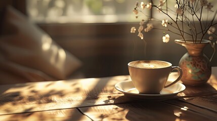 Warm morning coffee ambiance with sunlight and shadows