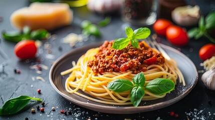 Italian spaghetti bolognese with fresh basil and tomatoes