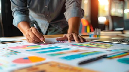 Fototapeta premium Creative graphic designer at work with colorful charts and graphs