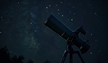 Starry night sky with telescope for celestial observation