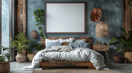 Discover a stylish bedroom where a blank poster mockup, framed above the bed, transforms the space into a gallery-like environment.