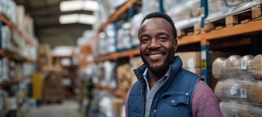 A smiling African warehouse worker stands at the center of a portrait, encircled by shelves stocked with boxes and equipment.