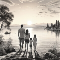Fototapeta premium Pencil draw of a beautiful family at the beach