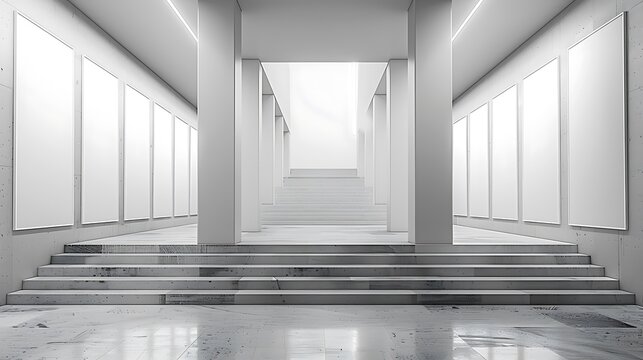 Experience an innovative gallery walk with blank poster mockups arrayed along a staircase wall, each poster varying in size and aligned in a staggered fashion.