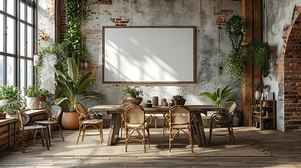 Experience the charm of a rustic dining room where a large blank poster mockup is set against the main wall, surrounded by vintage furniture.