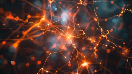Glowing nerve cells communicate in a technologyinspired neuron network matrix background. Concept Neuron Network, Glowing Cells, Technology-Inspired, Matrix Background, Communication
