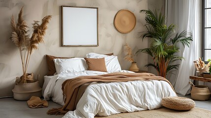 Experience the cozy charm of a bedroom with a blank poster mockup framed above the bed, envisioned as a dynamic headboard.