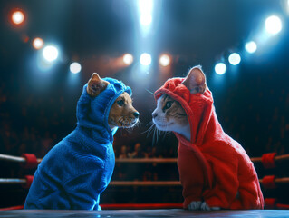Two cats wearing boxing robes are facing off in a boxing ring