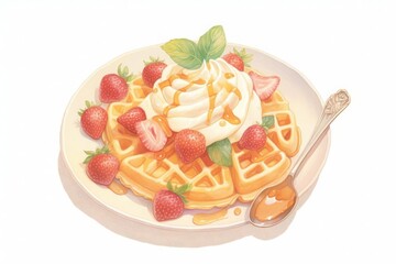 Belgian waffles with strawberries and cream