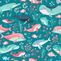 Naklejka premium whales and fish pattern in turquoise with pink accents