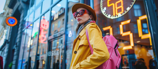 A fashionable woman in an orange trench coat, pink hat and sunglasses carrying a backpack walks along the street next to glass display windows with blue clock images on them