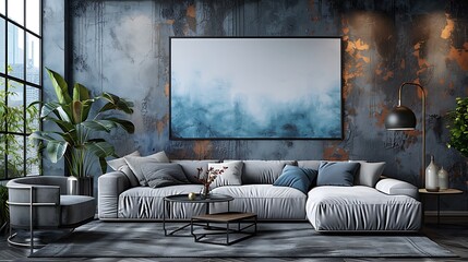 Explore a tastefully decorated minimalist living room with a large blank poster mockup positioned over an elegant sofa.