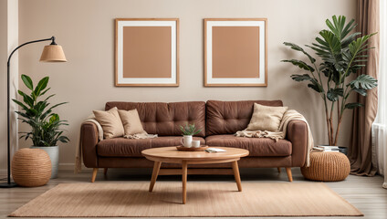 Warm and cozy interior of living room space with brown sofa, pouf, beige carpet, lamp, mock up poster frame, decoration, plant and coffee table. Cozy home decor. Template