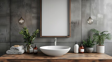 Step into a modern bathroom where a small, waterproof blank poster mockup hangs elegantly above the vanity.