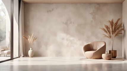  Light beige living room - modern interior hall and furniture design. Mockup for art - ivory taupe empty texture plaster microcement wall. Luxury premium nude accent lounge reception. 3d render 