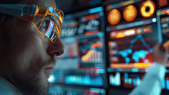 Within the sleek confines of a high-tech control room, an engineer attentively monitors a sophisticated AI dashboard. Real-time data and predictive analytics from various sensors on industrial machine