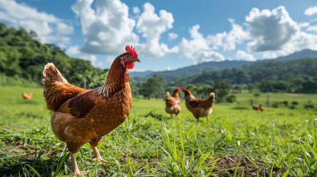 Broiler chickens grazing in a spacious outdoor poultry farm, under the open sky with lush greenery in the background