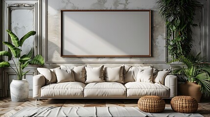 Step into a serene minimalist living room designed with a large blank poster mockup above a contemporary sofa.