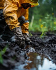 Field worker collecting soil samples from a bioremediation site to analyze the effectiveness of pollutant degradation