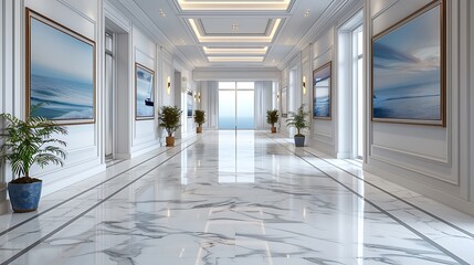 Step into an elegantly designed long hallway where multiple blank poster mockups are lined up, each framed beautifully.