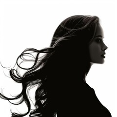 Silhouette of a slim woman with flowing hair against a stark white background