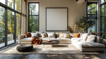 Visualize a chic minimalist living room where a large blank poster mockup hangs prominently over a sleek, neutral-colored sofa.