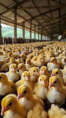 Yellow chickens roaming freely in a poultry farm