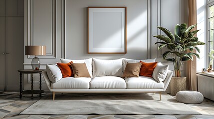 Visualize a chic minimalist living room where a large blank poster mockup hangs prominently over a sleek, neutral-colored sofa.
