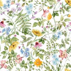 Beautiful summer floral seamless pattern with watercolor hand drawn flowers. Natural floral print. Stock illustration. Surface background and wallpaper design.