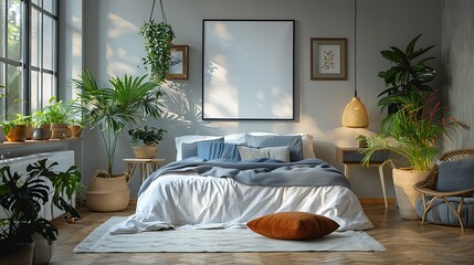 Visualize a minimalist bedroom enhanced with a blank poster mockup above the bed, framed to act as an artistic headboard.