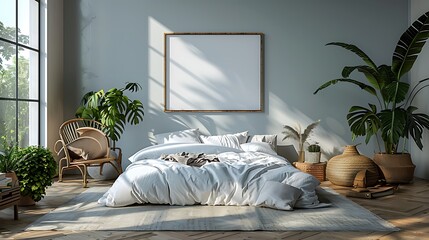 Visualize a minimalist bedroom enhanced with a blank poster mockup above the bed, framed to act as an artistic headboard.