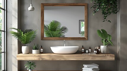Visualize a refined bathroom enhanced with a small, waterproof blank poster mockup above the vanity.