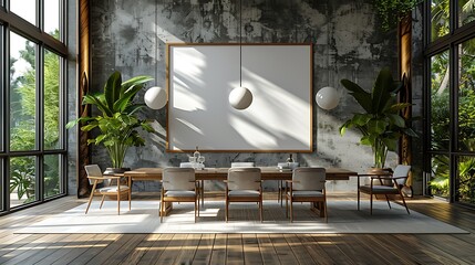 Visualize a sophisticated dining room with a large blank poster mockup dominating the main wall.