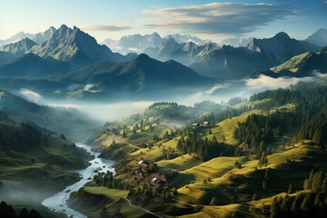 Fototapeta premium Beautiful valley with alpine village and river, mountains in the background, foggy morning. Generative AI